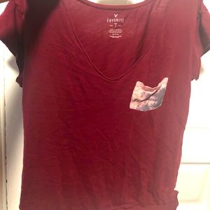 T-shirt, maroon, pink pocket on front